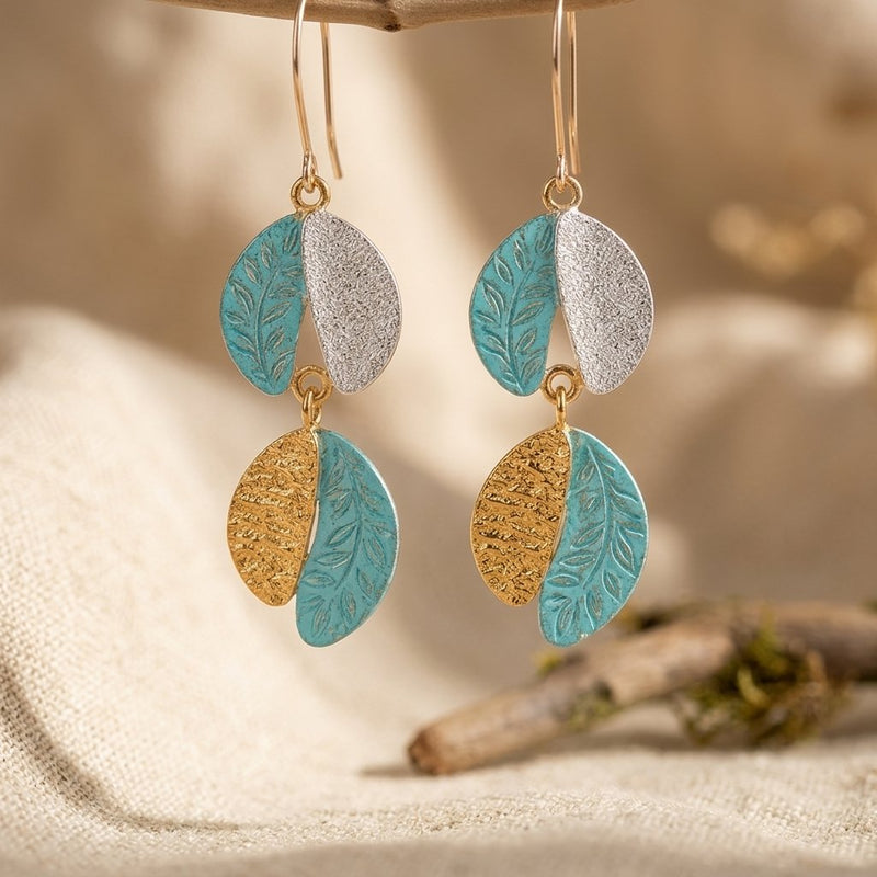 Turquoise Gold Leaf Textured Drop Earrings