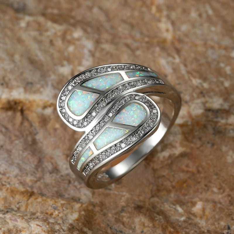 Vintage Bohemian White Opal Stone Silver Plated Ring