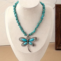 Vintage Boho Turquoise Beaded Dragonfly Pendant Necklace