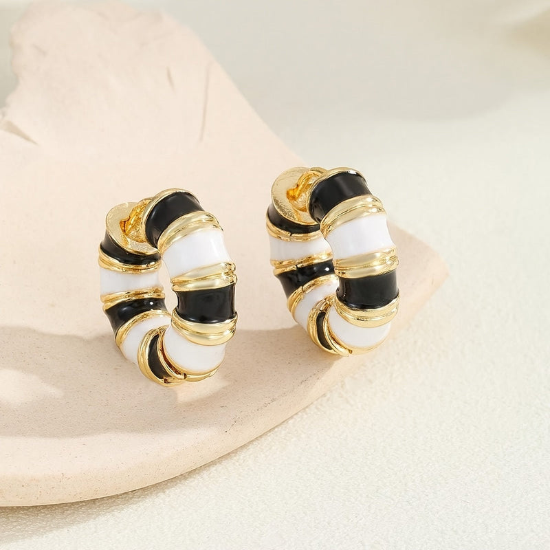 Vintage Enamel Huggie Hoop Earrings with Gold Accents