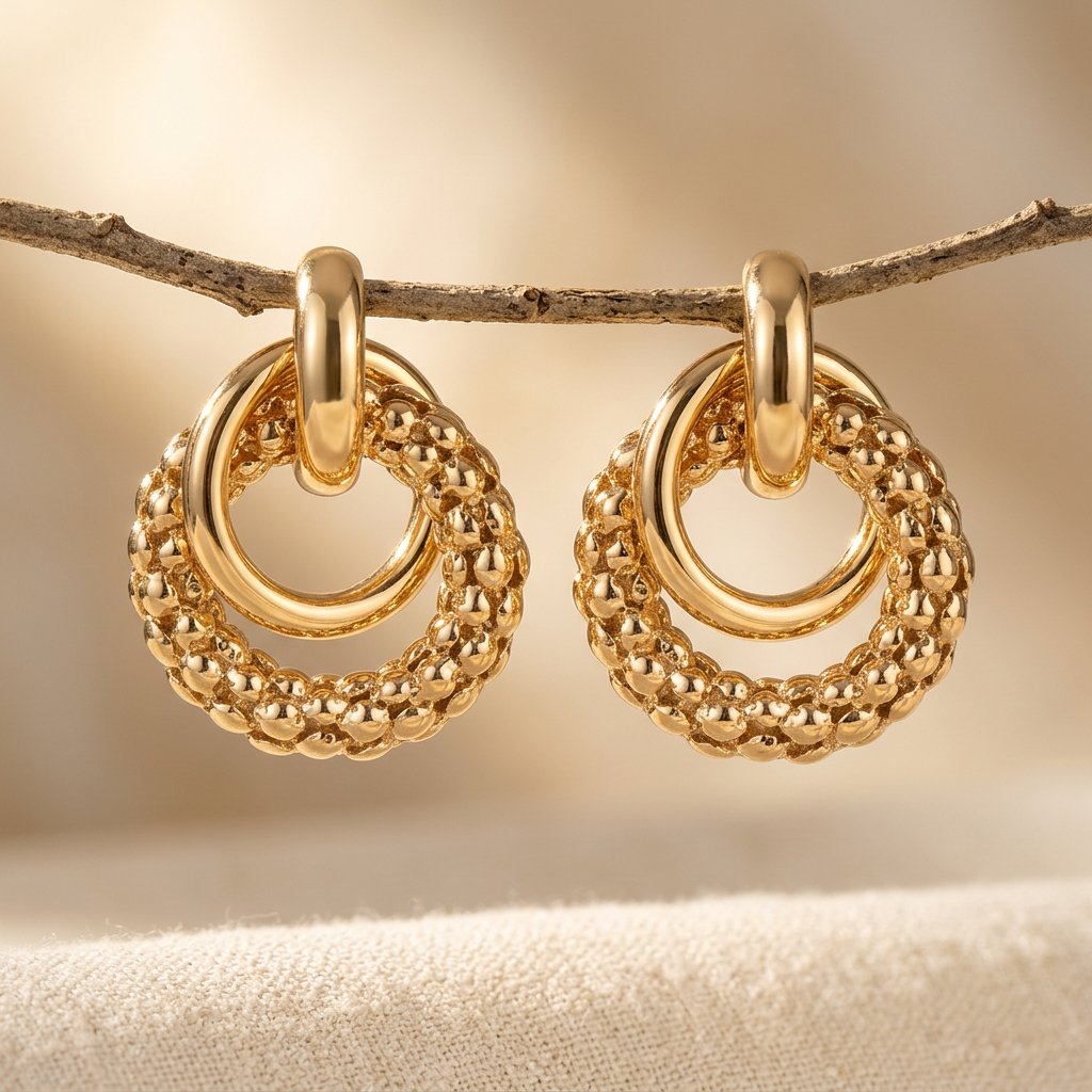 Vintage Gold Beaded Double Hoop Earrings