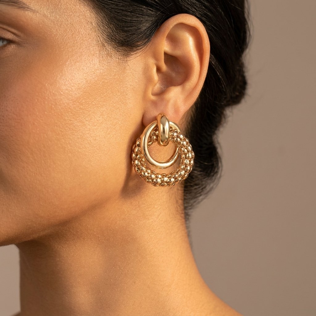 Vintage Gold Beaded Double Hoop Earrings