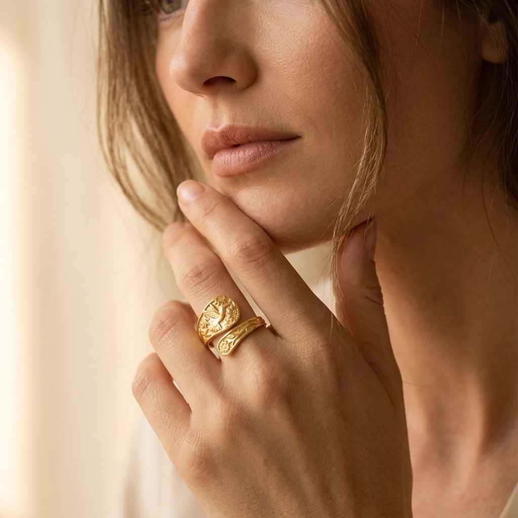 Vintage Gold Engraved Hummingbird Wrap Ring