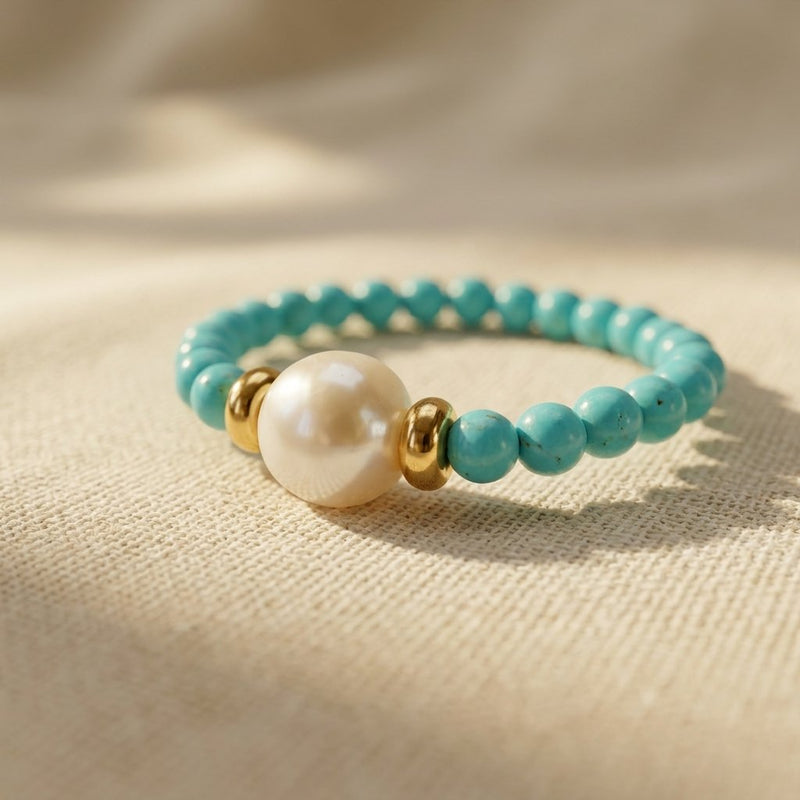 Vintage Gold Turquoise Pearl Beaded Ring