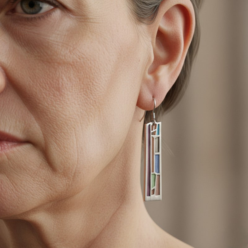 Vintage Silver Plated Geometric Colourful Dangle Earrings