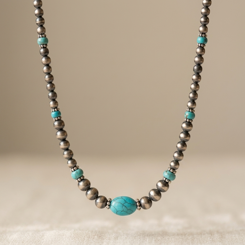 Vintage Silver Green Turquoise Beaded Necklace
