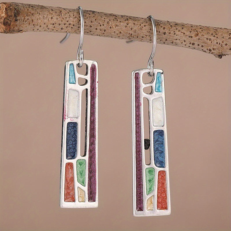 Vintage Silver Plated Geometric Colourful Dangle Earrings