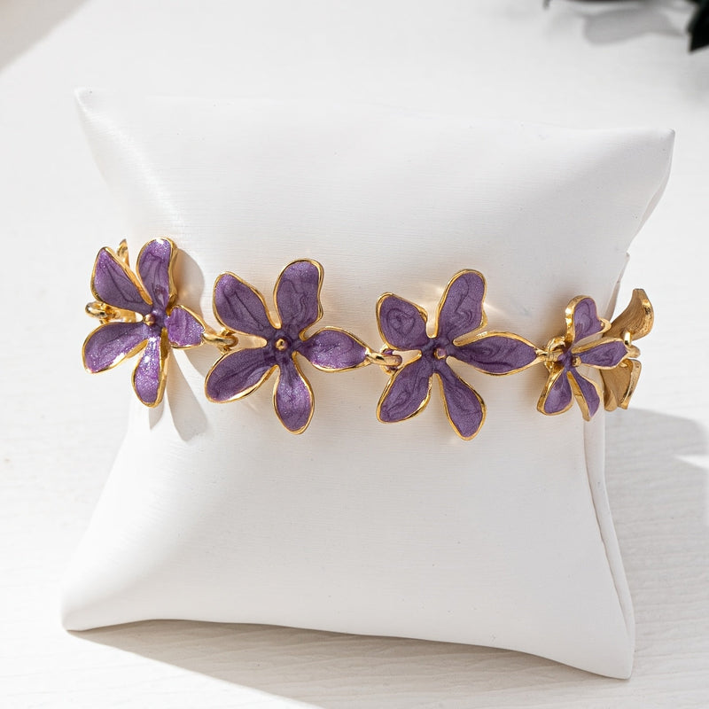 Vintage Style Purple Enamel Flowers Gold Plated Bracelet