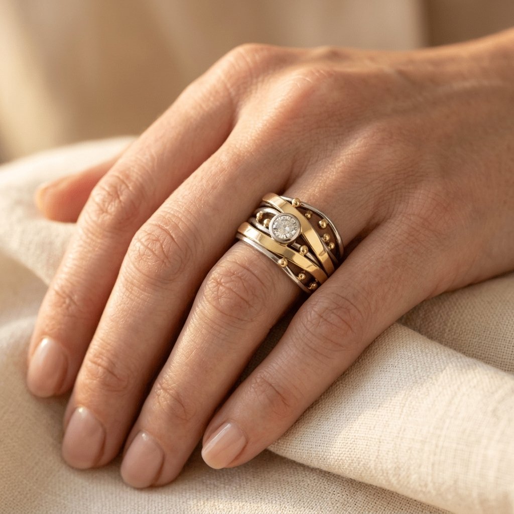 Vintage Zirconia Accent Gold Inlay Artisan Band Ring