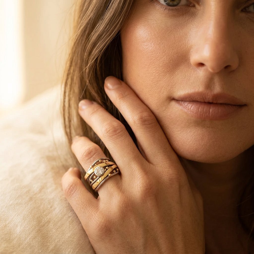 Vintage Zirconia Accent Gold Inlay Artisan Band Ring