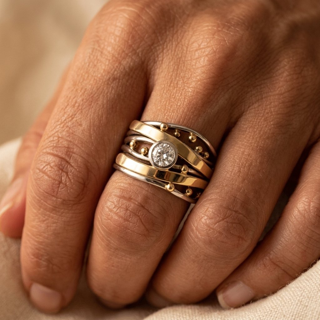 Vintage Zirconia Accent Gold Inlay Artisan Band Ring