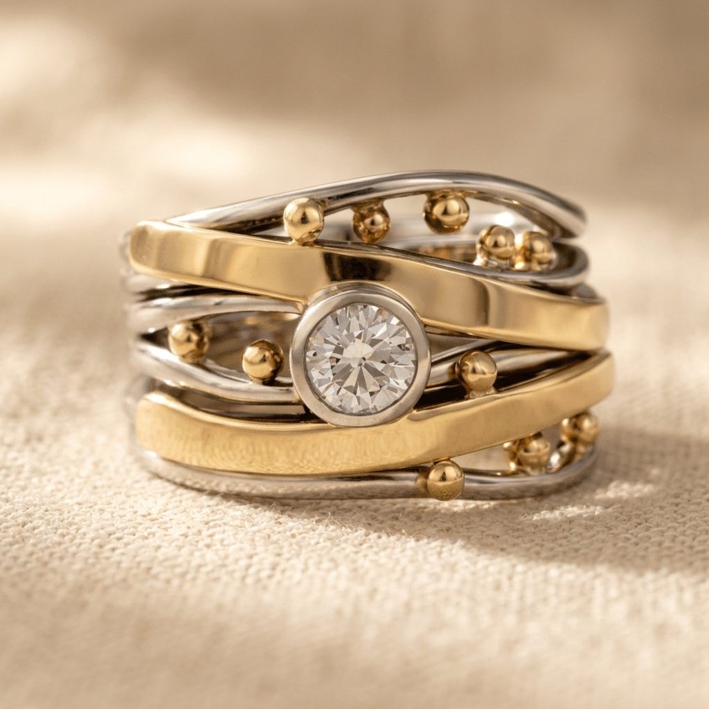 Vintage Zirconia Accent Gold Inlay Artisan Band Ring